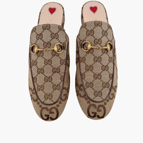 Gucci Beige GG Jumbo Princetown Mules Size 41 US 11 Women Horsebit Canvas Flats - Picture 3 of 13